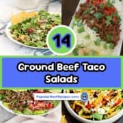 Fresh ground beef taco salads with lettuce, tomatoes, and cheese, perfect for quick meals.