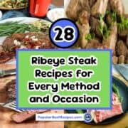 Juicy ribeye steak grilled to perfection with herbs and vegetables on a rustic plate.