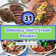 Assorted skirt steak recipes including tacos, stir fry, and grilled dishes.