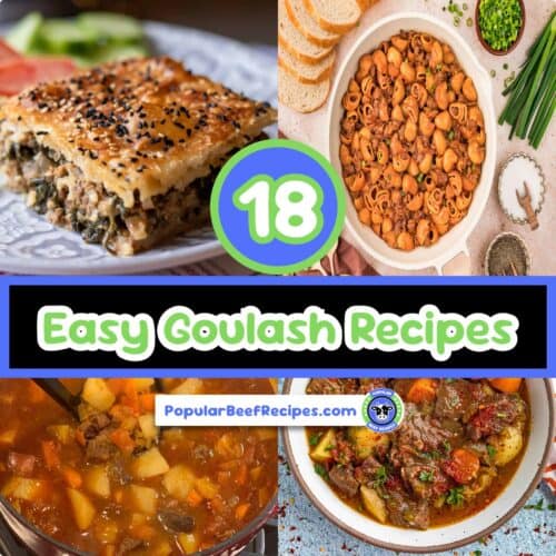Collection of beef goulash dishes including baked pie, stew, and soup.