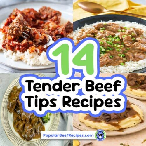 Delicious beef recipes including tender beef tips served with rice and vegetables.